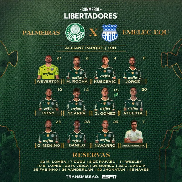 Alineación confirmada. Foto: Palmeiras