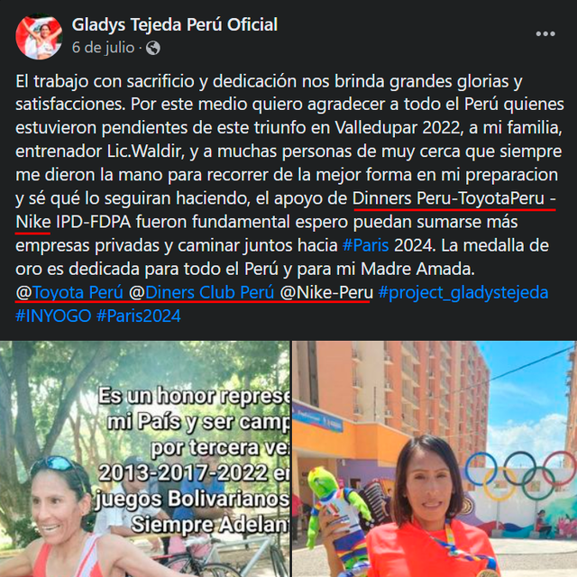 Publicacion de Facebook de Gladys Tejeda después de haber ganado la medalla de oro en los juegos bolivarianos últimos