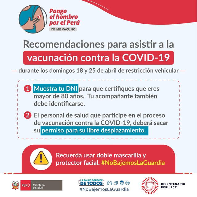 Recomendaciones para asistir a la vacunación contra la COVID-19. Foto: Minsa
