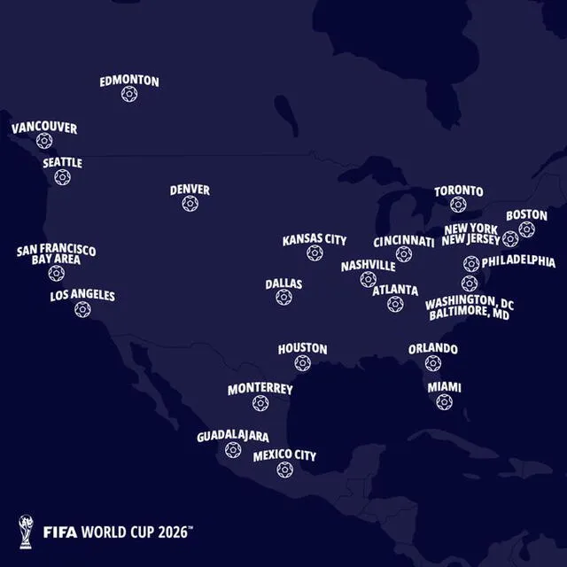 Así están repartidas las ciudades para jugar el Mundial 2026. Foto: FIFA