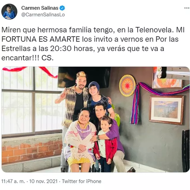 La actriz mexicana compartió a través sus redes sociales lo feliz que se sentía por haberse unido al proyecto televisivo. Foto: Carmen Salinas/Twitter