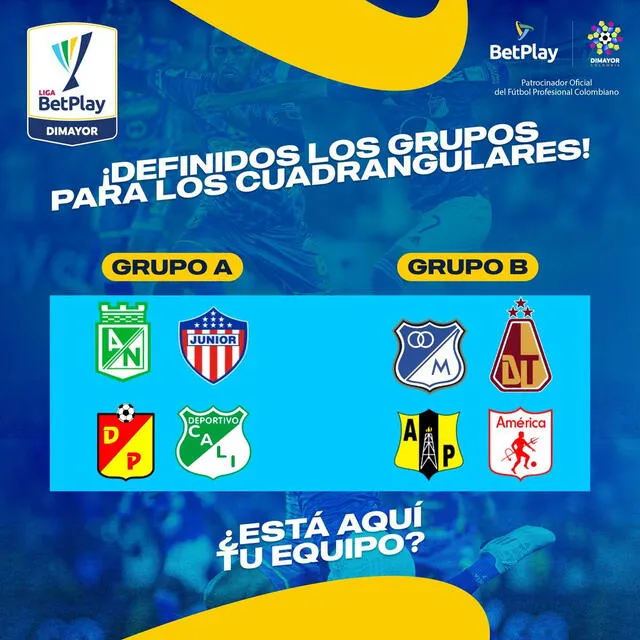 Equipos que conforman los grupos de los cuadrangulares finales. Foto: Twitter LigaBetPlay Dimayor