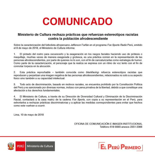 Comunicado del Ministerio de Cultura en contra de imitación de Miguel Moreno a Farfán.