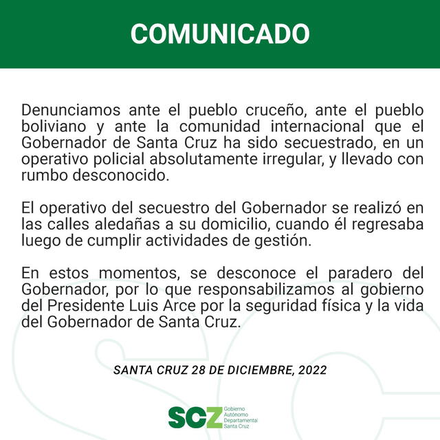 Comunicado del Gobierno de Santa Cruz. Foto: @GobSantaCruz/Twitter