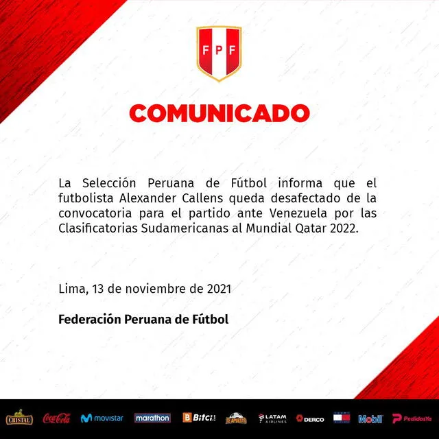 La selección peruana informó la desconvocatoria del defensor. Fuente: Twitter