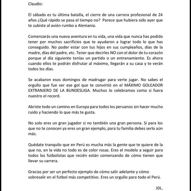 Carta de Juan Diego Li a Claudio Pizarro