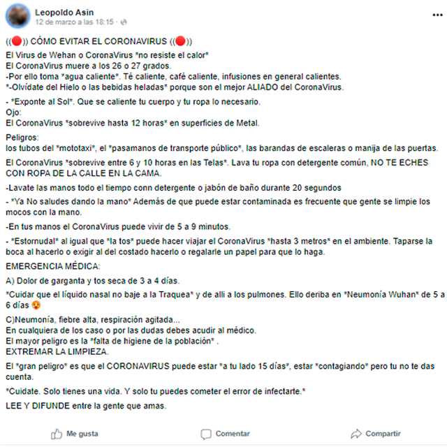 Cadenas y virales falsos sobre la propagación del COVID-19