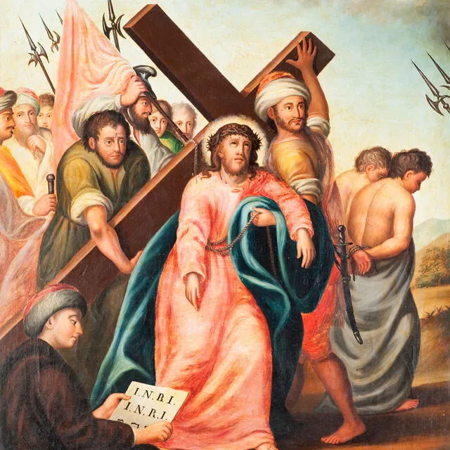 Quinta estación: Simón de Cirene ayuda a Jesús a cargar la cruz. Foto: Duomo di S. Biaggio