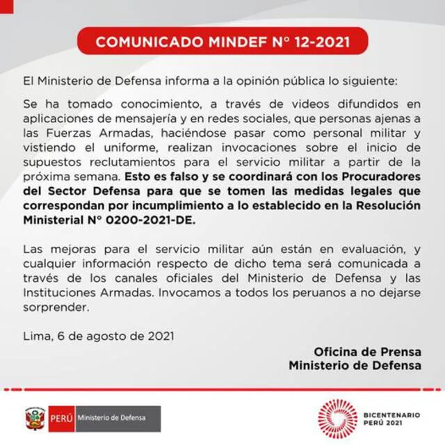 Comunicado del Mindef donde desmiente la veracidad del mensaje del video viral y asegura que se tomarán medidas legales. FOTO: Descarga de Facebook