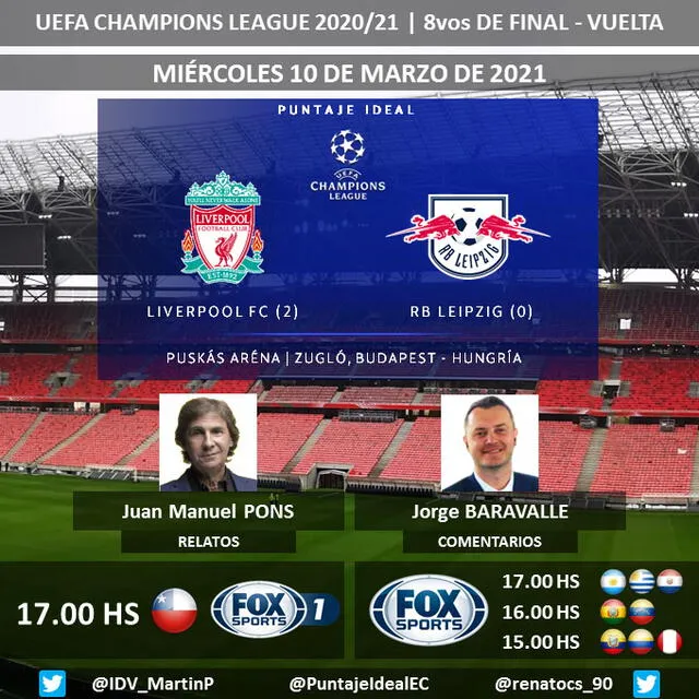 Liverpool vs. Leipzig por Fox Sports. Foto: Puntaje Ideal EC/Twitter