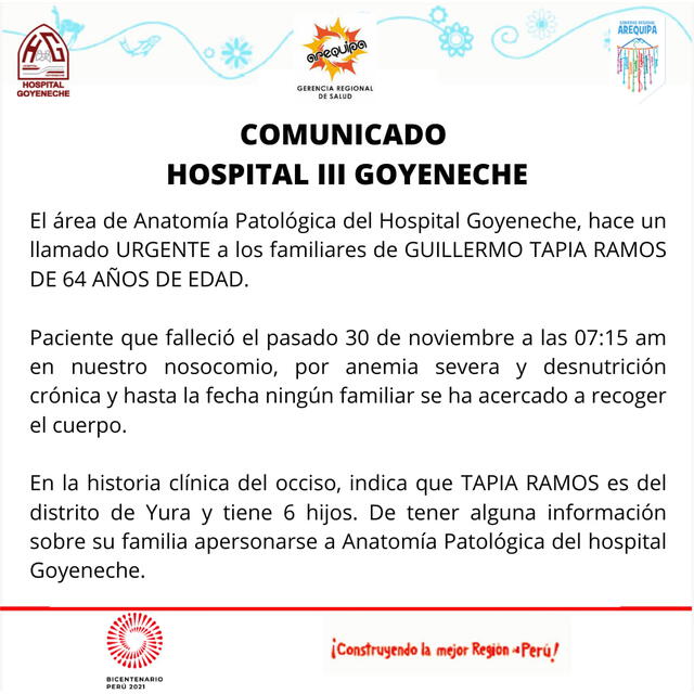 Comunicado del Hospital Goyeneche. Foto: difusión