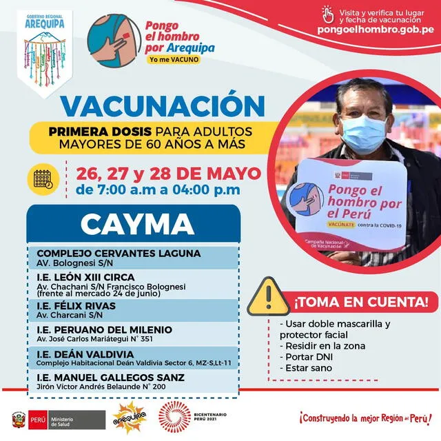 COVID-19: el miércoles inicia vacunación a mayores de 60 años en Arequipa