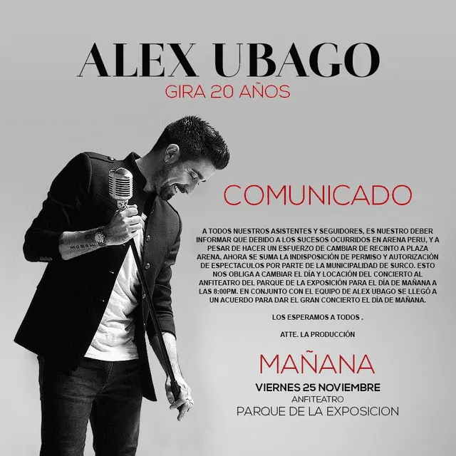 Alex Ubago en Lima: concierto cambia de fecha y locación nuevamente tras clausura del Arena Perú