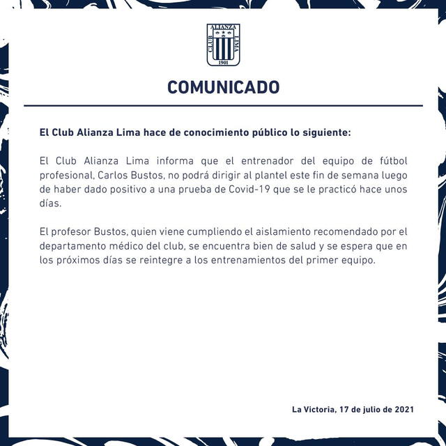 Comunicado de Alianza Lima sobre Carlos Bustos.