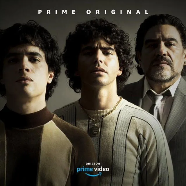 Nicolás Goldschmidt, Nazareno Casero y Juan Palomino caracterizados como Maradona en distintas etapas de su vida. Foto: Amazon Prime Video