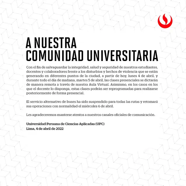 Comunicado de la casa de estudios. Foto: UPC