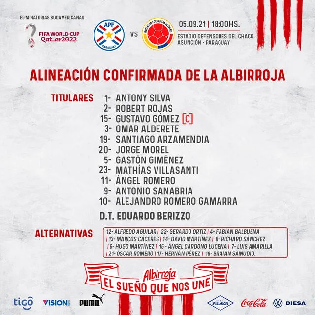 Alineaciones confirmadas del Paraguay vs. Colombia.