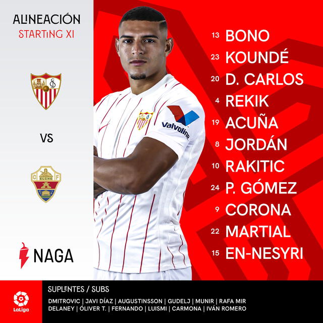 Así forma el Sevilla ante el Elche. Foto: Sevilla twitter