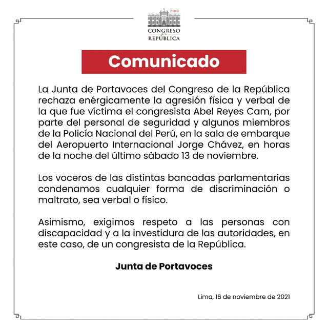 Comunicado del Congreso tras agresión a Abel Reyes. Foto: Captura de Twitter
