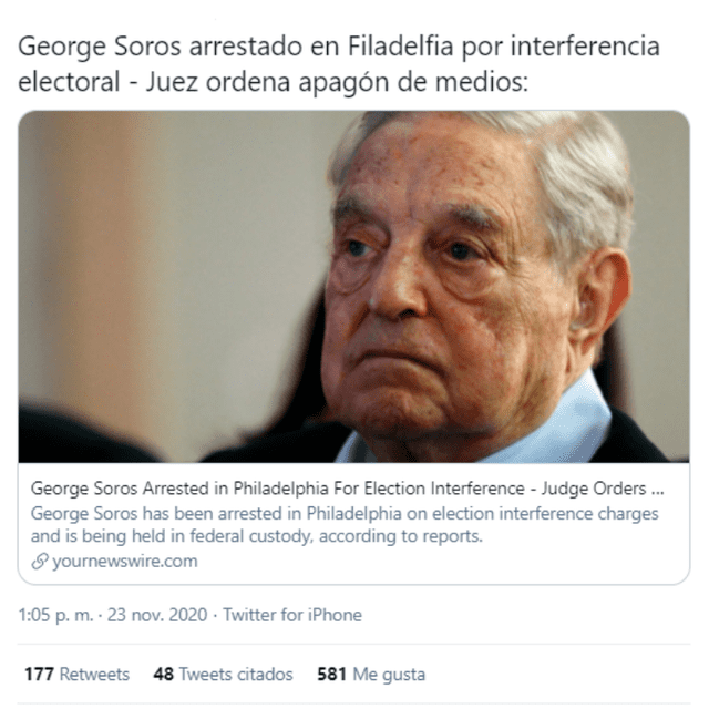 Tuit sobre George Soros fue compartido más de 500 veces en un día. Foto: captura de Twitter