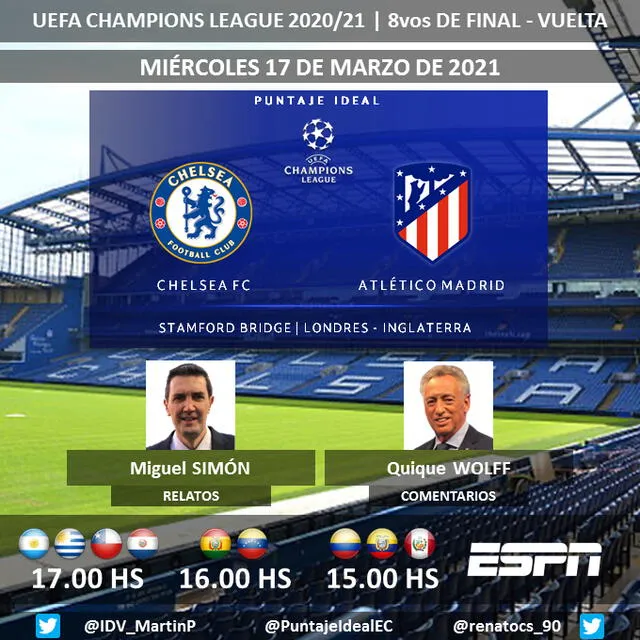 Chelsea vs Atlético de Madrid por ESPN. Foto: Puntaje Ideal/Twitter