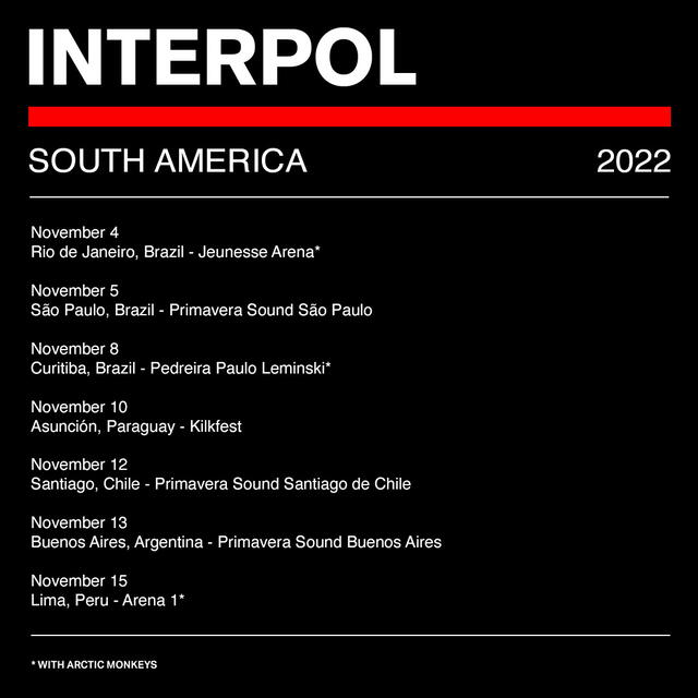 Interpol llega a Latinoamérica en noviembre junto a otras bandas.