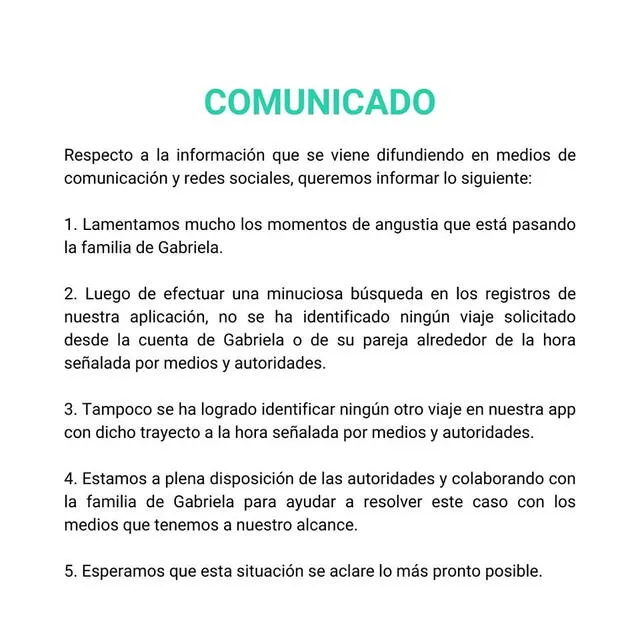 La empresa Beat emitió un comunicado sobre el caso de desaparición.