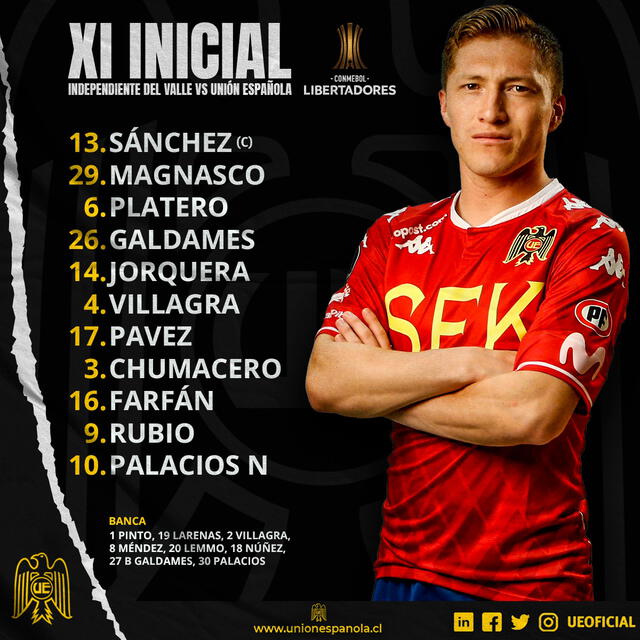 Alineación de Unión Española para enfrentar a Independiente del Valle.