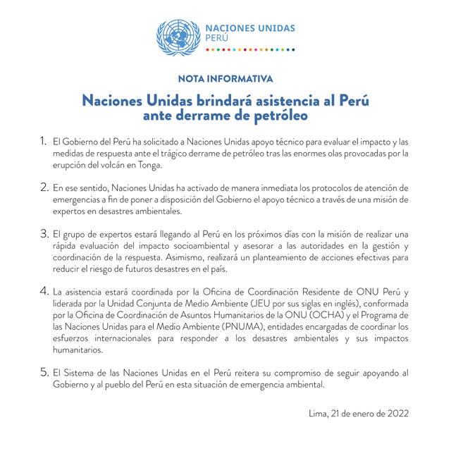 Comunicado en el que la ONU confirma apoyo técnico al Perú para mitigar daños ambientales por el derrame de petróleo. Foto: Naciones Unidas Perú.