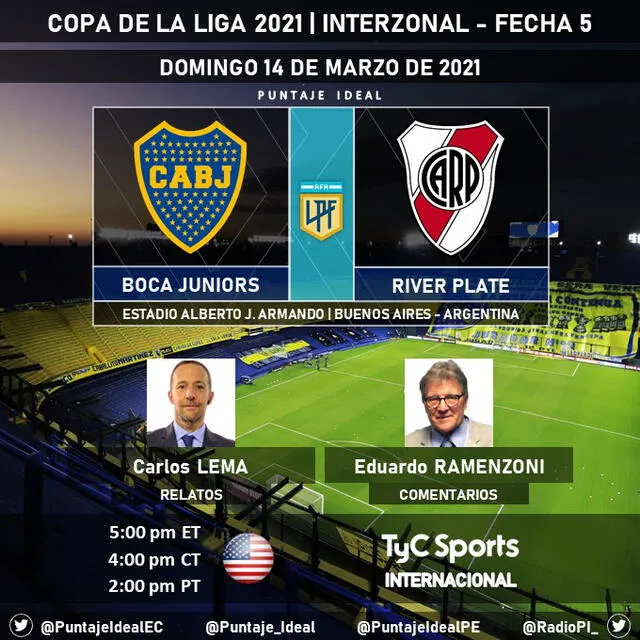 Boca Juniors vs. River Plate por TyC Sports Internacional. Foto: Puntaje Ideal