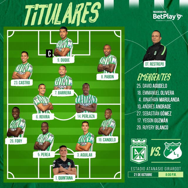 El once de Atlético Nacional para jugar ante Deportivo Cali. Foto: @nacionaloficial