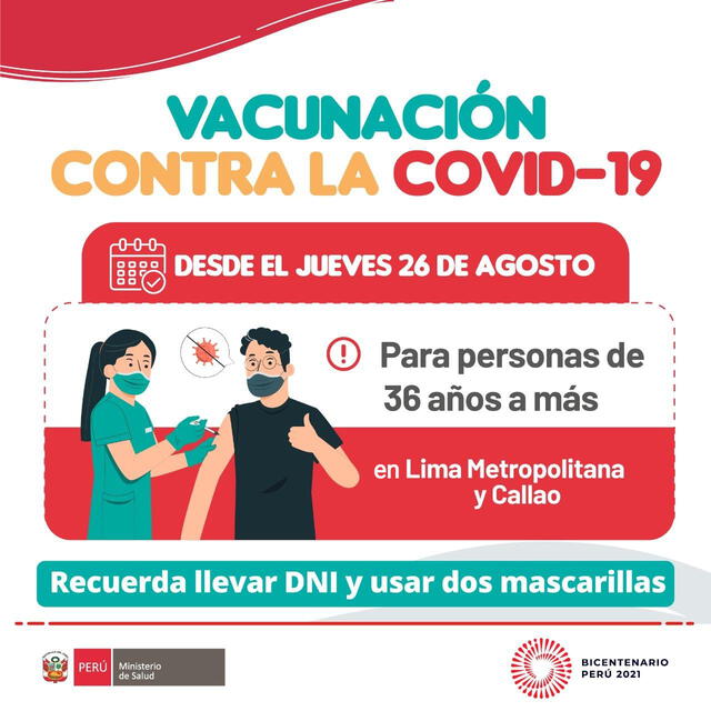 Desde este jueves 26 de agosto, se iniciará la vacunación contra la COVID-19 a las personas mayores de 36 años. Foto: Minsa