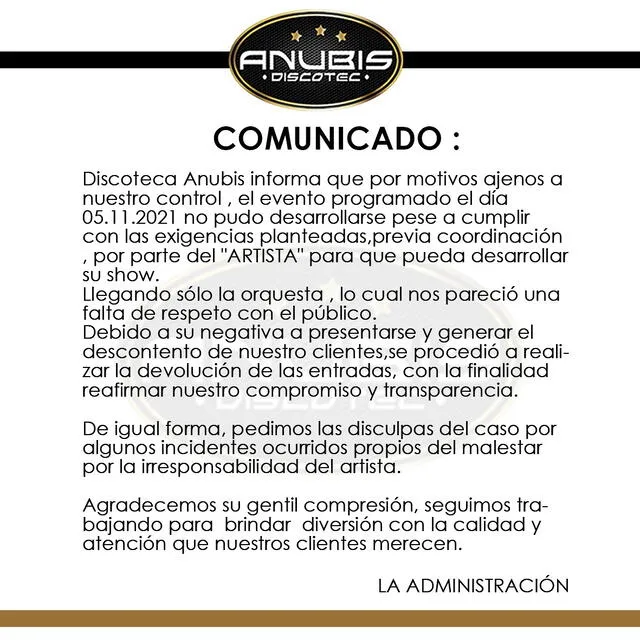 6.11.2021 | Publicación de Anubis Discoteca desmintiendo a Bryan Arámbulo. Foto: captura Anubis Discoteca / Facebook