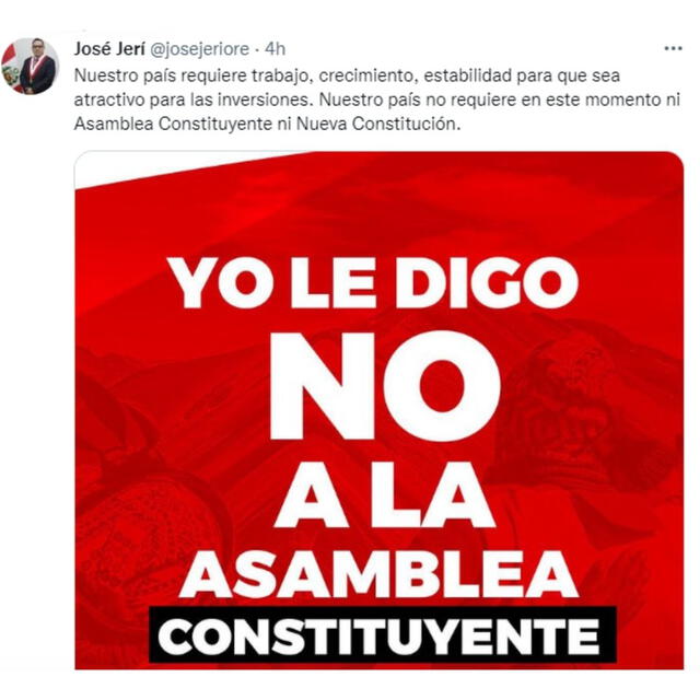 Vocero de Somos Perú sobre referéndum: “Nuestro país no requiere ni Asamblea Constituyente ni nueva Constitución”. FOTO: Captura / Twitter