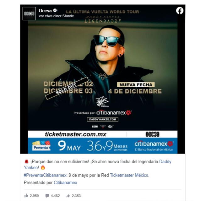 Daddy Yankee anuncia nueva fecha de conciertos en México.