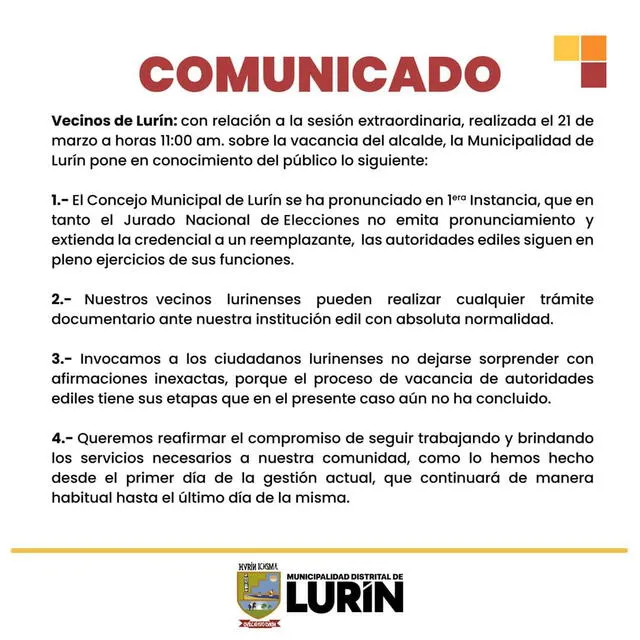 Pronunciamiento de alcalde de Lurín. Foto: Municipalidad de Lurín