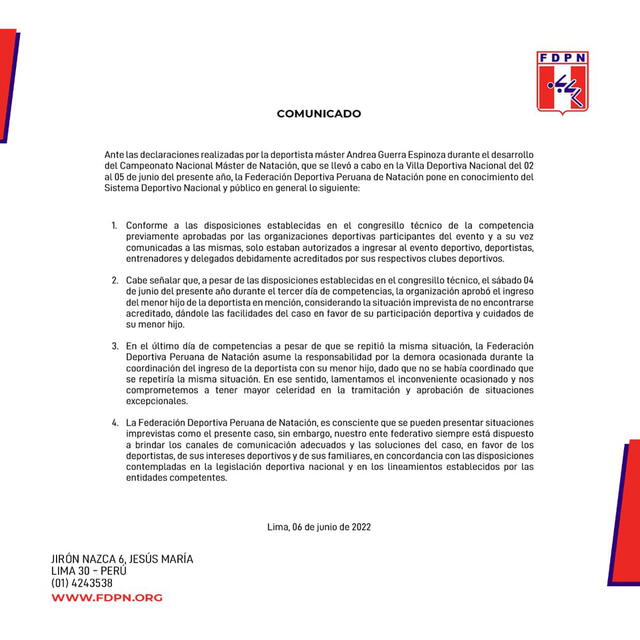 Comunicado de la Federación Deportiva Peruana de Natación ante el caso de Andrea Guerra.
