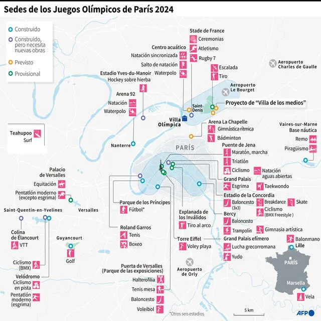 Mapa con las sedes de París 2024. Infografía: AFP