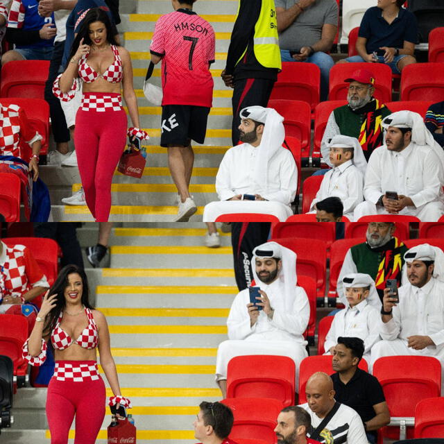 Esta es la imagen viral de los aficionados qataríes con la modelo. Foto: Twitter