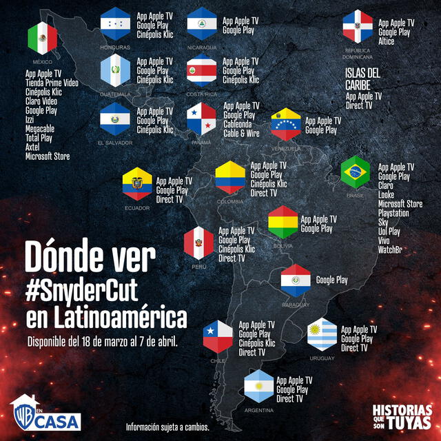 WB publicó en sus redes sociales un afiche en donde muestra como se podrá ver el Snyder Cut en los países de habla hispana. Foto: Warner Bros