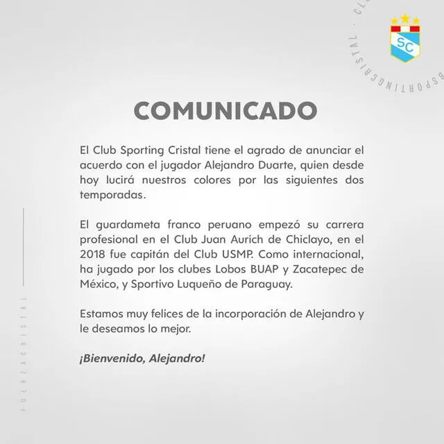 Cristal oficializó el fichaje de Duarte. Foto: Sporting Cristal/Twitter