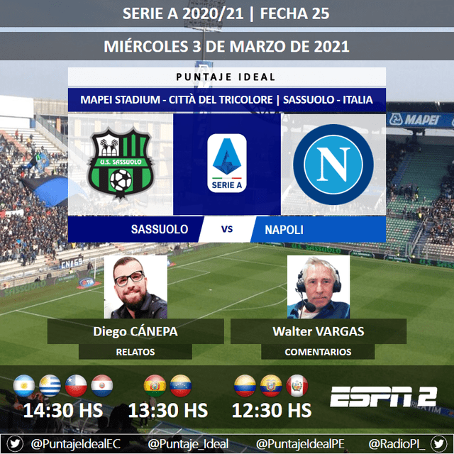 El partido entre Sassuolo y Napoli será transmitido por ESPN 2. Foto: Puntaje Ideal