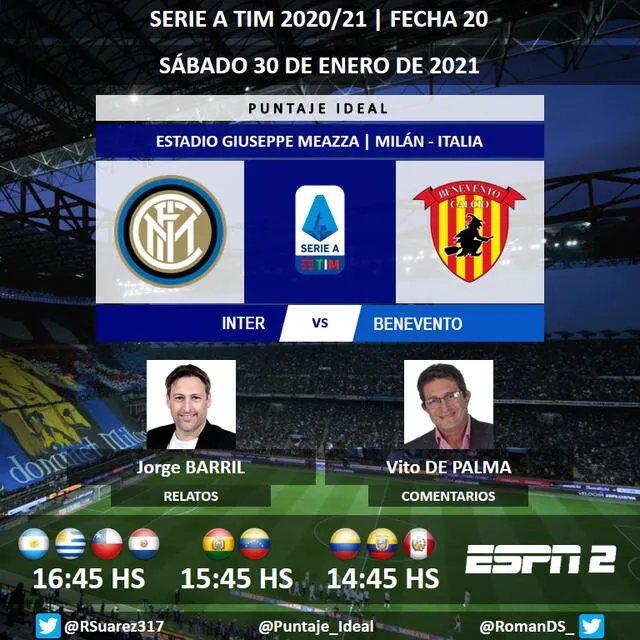 Inter vs Benevento por ESPN 2. Foto: Puntaje Ideal/Twitter
