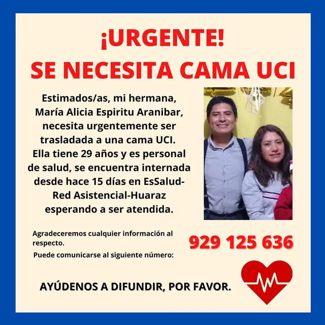 Familia de María Alicia Espiritu Aranibar pide cama UCI.