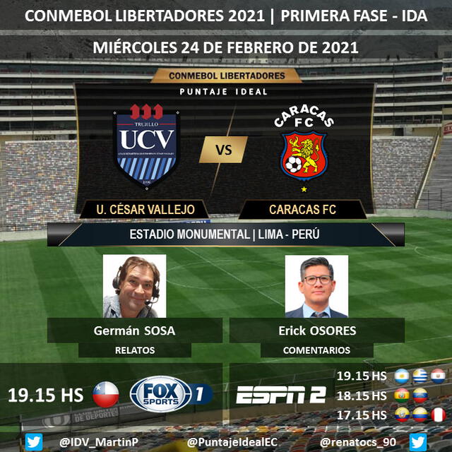 César Vallejo vs Caracas por ESPN 2. Foto: Puntaje Ideal EC/Twitter