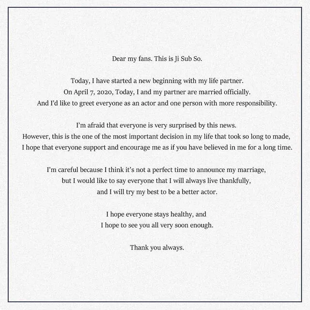 Carta escrita en inglés por  So Ji Sub  después de la noticia sobre su matrimonio. Instagram, 6 de abril, 2020.
