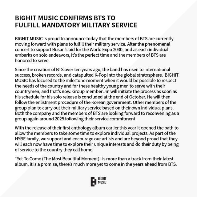 BTS irá al servicio militar: comunicado de BIGHIT Music sobre jin