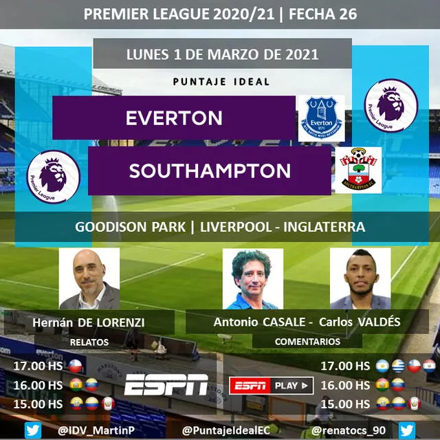 Everton vs Southampton vía ESPN. Foto: Puntaje Ideal/Twitter