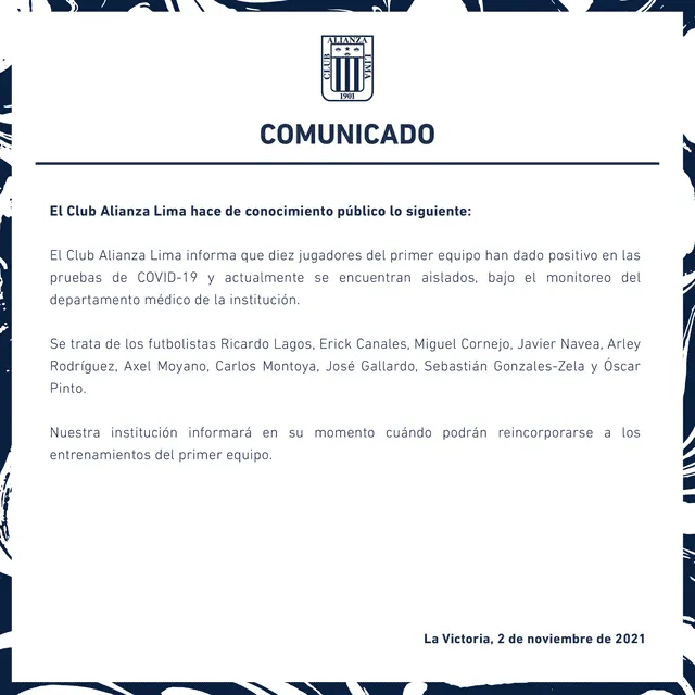 En su comunicado, Alianza Lima confirmó los contagios entre diez de sus jugadores. Foto: Twitter @ClubALoficial