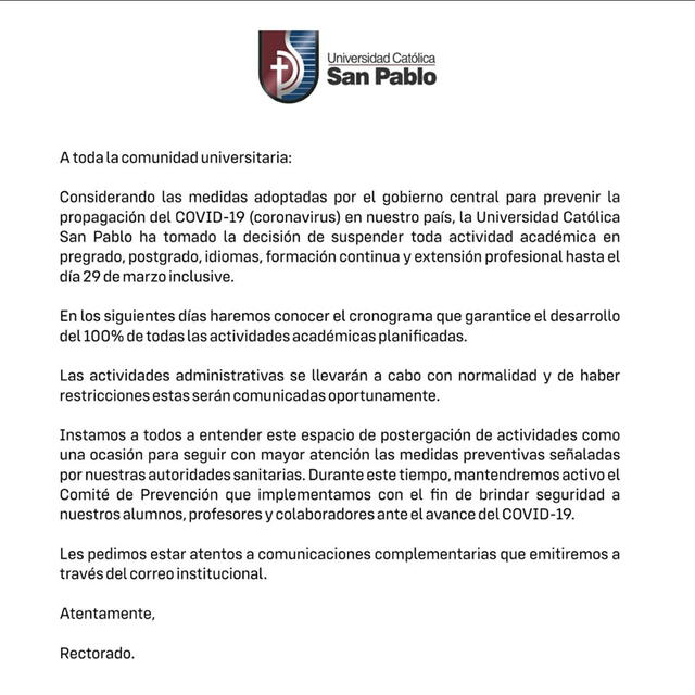La Universidad Católica San Pablo confirma suspensión de labores académicas.